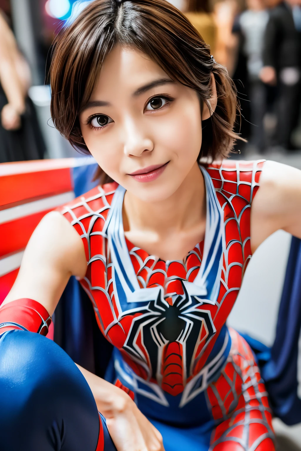 Masterpiece, high quality, high resolution, 8K, ((Skinny Japanese 30s woman in a costume of the movie spider-man)), cute face, natural makeup, detailed face, detailed eyes, a photo that feels endearing, (Full-body photo)