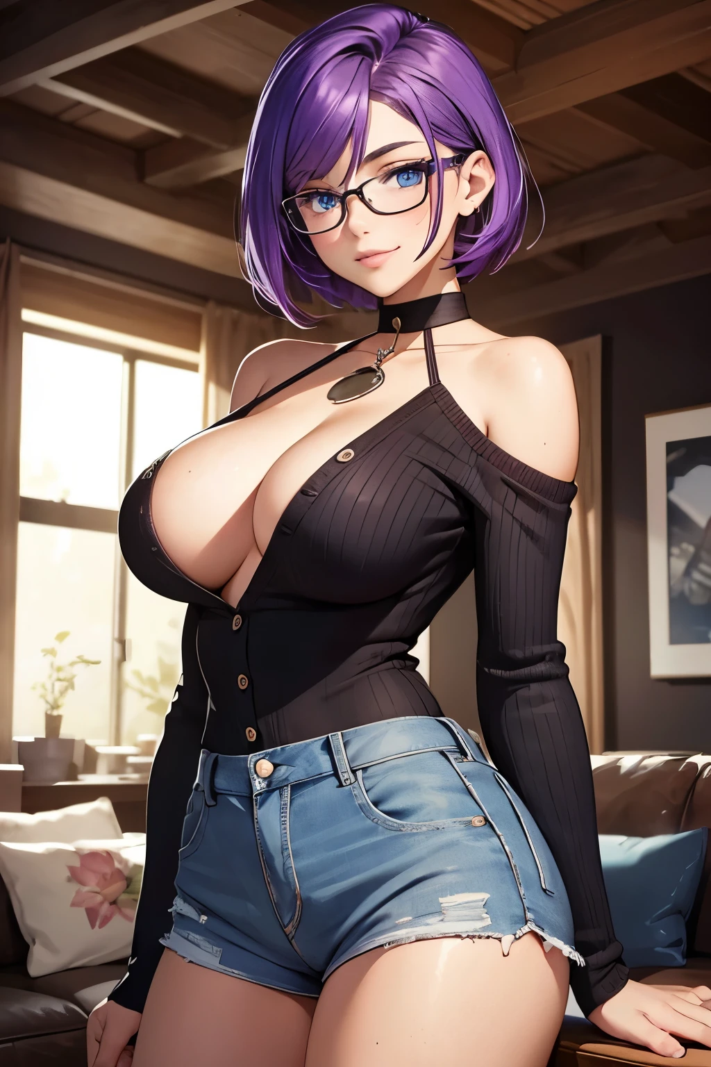 Beautiful ager, 1girl, purple hair, blue eyes, extremely short hair, freckles, smiling, thin frame eyeglasses, thick lips, full lips, gigantic breasts, extreme cleavage, deep cleavage, thin body, off shoulder sweater, heart shaped choker, tiny jean shorts, thigh boots, perfect anatomy, ultra-detailed, 4k, 8k, best quality, masterpiece, model, modeling, posing for camera, living room background, paintings of subject on the wall