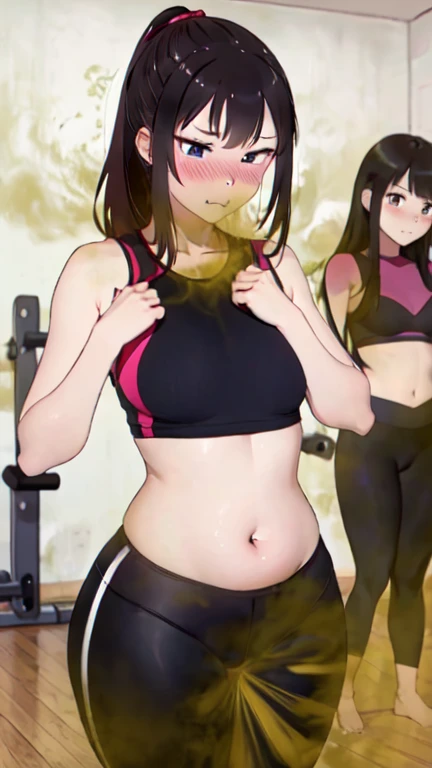 2 Asian girls farting side by side, desperate to poop, in gym, farting while working out, stomach growling, wearing yoga pants and exercise clothes, malaysian chinese girl, tomboy, stomach bloated, hands hugging stomach, pained expression, shocked and embarrassed, mouth open in shock, blushing, beautiful and cute face, anime art style, fit body, tall and thin, view from front