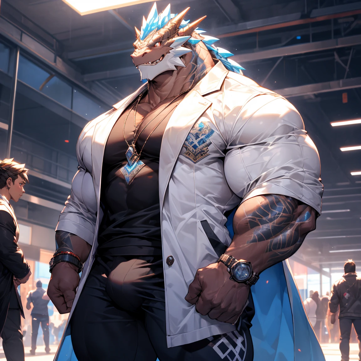 Muscular Platinum Dragon, pectoralis major, Heavyweight, Bodybuilder, Wearing a white jacket, dress, Big bulge, Standing while playing with smartphone, In public buildings, Bright smile expression, Shiny skin, Vibrant colors, 4K, realism, Cool lighting