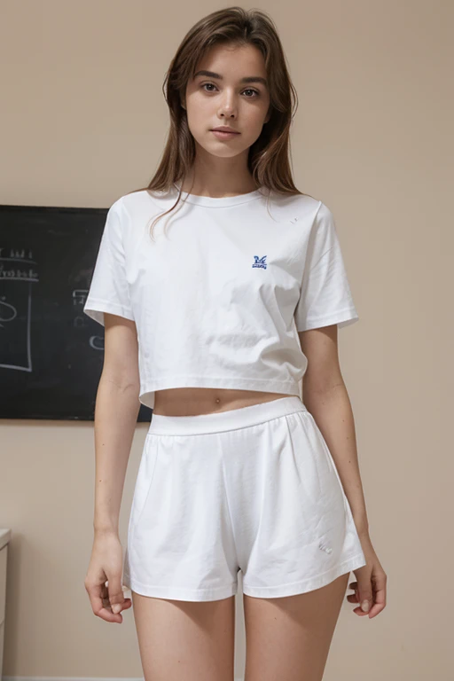 Femme, 18 ans, portant un short court rouge et une culotte rayée bleu et blanc horizontal