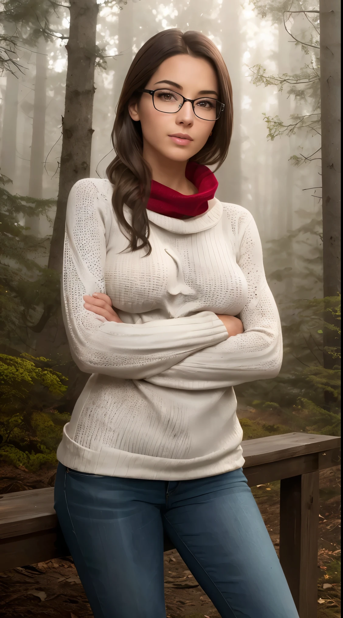 Photorealistic, (sfw),(close up:1.3, exposed face), low angle, (seen from below), a spanish young woman with hood, (long sleeve red wool sweater:1.5), (thight low rise jeans), a hyperrealistic beautiful young girl with grayish blue eyes in glasses, natural round breast, high detailed official artwork, beautiful girls with slim fit body and sensual posture, long legs, attractive young woman, (atractive poses:1.3), (crossed arms holding the breast up:1.8), at bench in the (natural foggy forest:1.2), natural background, dubnitskiy david fanart, realistic portrait, smooth photorealistic, perfect visual of a cute girl, cute girl with skinice soft face, face focus, makoto shinkai and artgerm, photon mapping, natural light, warm color tones, vivid colors, cool ambient, foggy atmosphere