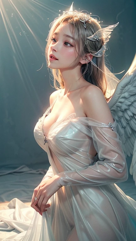 White Background、Professional Lighting、(((Professional Lighting 1.5)))、Translucent skin texture、Clear Skin、Beautiful Skin、、Off the shoulder、White Dress、See-through、(Angel wings are fluttering)、Ecstasy of Musical Notes、A fantastical worldview、Unrealistic、Dream world、Angels descend、