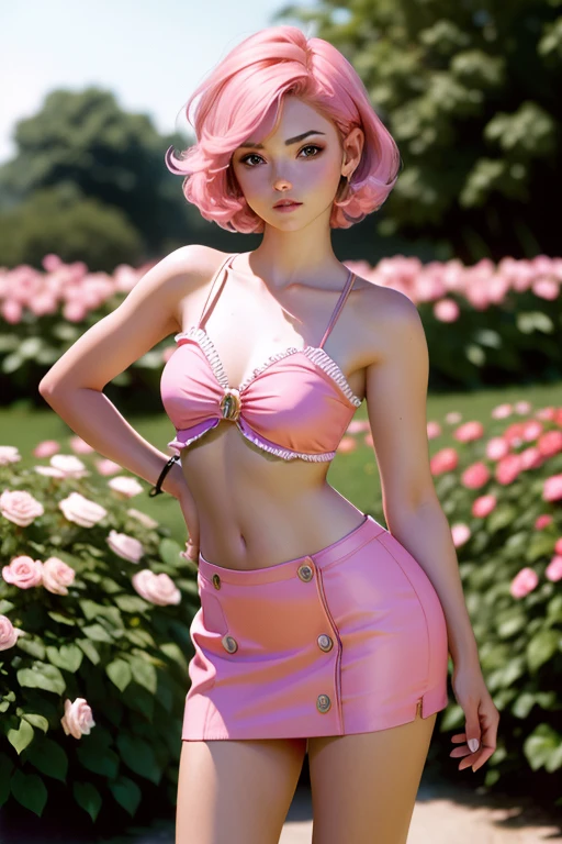 8k, foto cruda, fujifilm, Analog style photo of a beautiful young girl like Avril with (pechos enormes) in a light pink rose garden (piel muy detallada:1.2) Style-Petal BREAK short hair, cabello rubio con mechas de colores, flequillo contundente, usando un vestido, film grain, 35mm, estilo lindo, tiro de vaquero