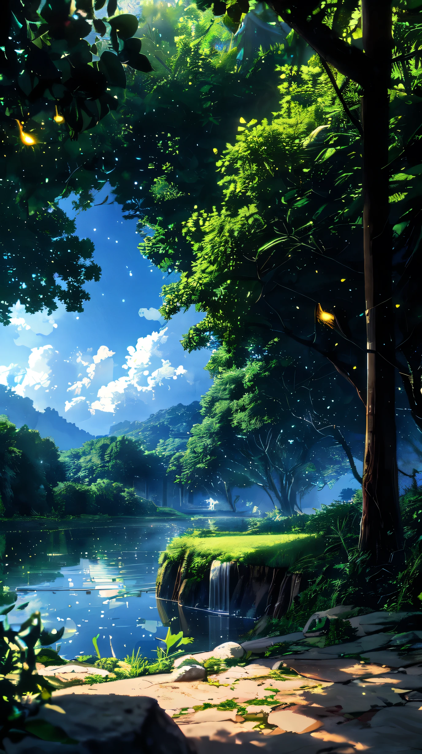 There is a huge ancient tree in the middle of the picture、The leaves emit a golden glow(Glowing balls),thatched hut、springtime、jungles、lakes、waterfallr、grassy fields、Rochas、hot onsen、hydrosphere、surrounded by cloud,(illustratio:1.0)、Epic composition、Realistic lighting、high definition detail、tmasterpiece、Best quality,(Very detailed CG unified 8k wallpaper)(glowing fireflies and butterfiles )(greenery view)(bright blue shinning sky)(night view)(borkeh effect)(view from top angle)