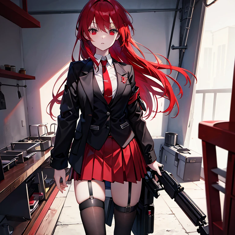 No sleeve　Gun in hand　Red hair　Skirt black　garter belt　red tie　Shoulder Bare　Black jacket　Looking at me　girl