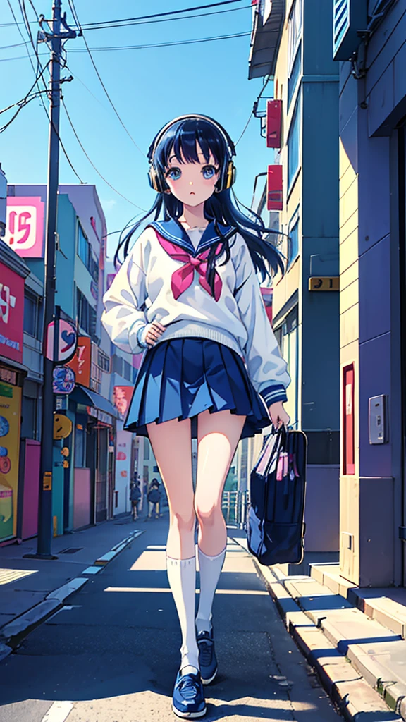 90s City Pop Art、sketch style、lofi girl、Beautiful high school girl、8 headodel、Navy blue sailor uniform、White sweater、mini skirt、Knee-high socks、Walking around Harajuku、Headphones 1.2、Listening to music、big eye、whole body、1 person、Cowboy Shot