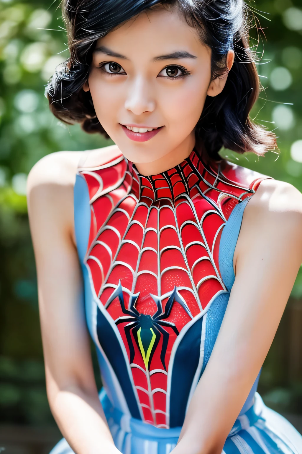 Masterpiece, high quality, high resolution, 8K, ((Skinny Japanese 30s woman in a costume of the movie spider-man)), cute face, natural makeup, detailed face, detailed eyes, a photo that feels endearing, (Full-body photo)