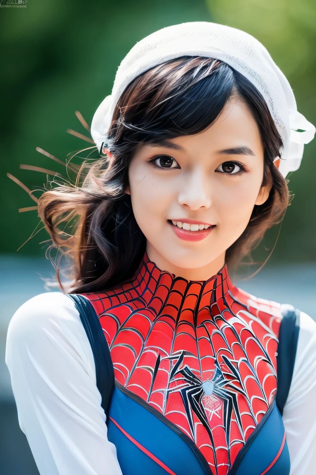 Masterpiece, high quality, high resolution, 8K, ((Skinny Japanese 30s woman in a costume of the movie spider-man)), cute face, natural makeup, detailed face, detailed eyes, a photo that feels endearing, (Full-body photo)