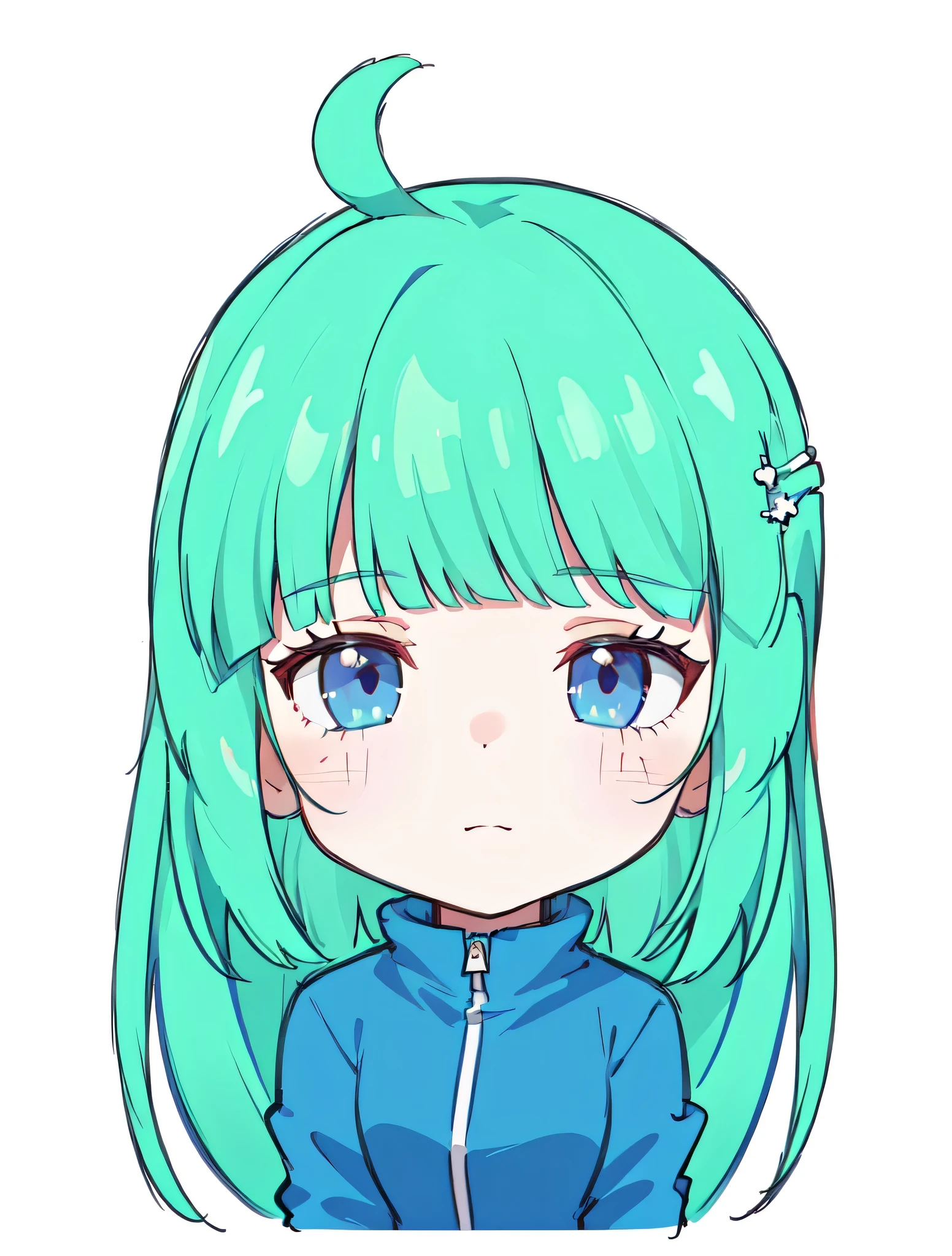 One Girl、((Esbian all over、Character portrait:1.2)), highest quality、On the table、Long Hair,(Mechanical Goggles)、Blue Hair,,Green Punk Jacket、White background,Punk Style,((Dark brown hair)),Facial Expressions Leschina,Cyberpunk characters,((Very long hair))Sleepy face