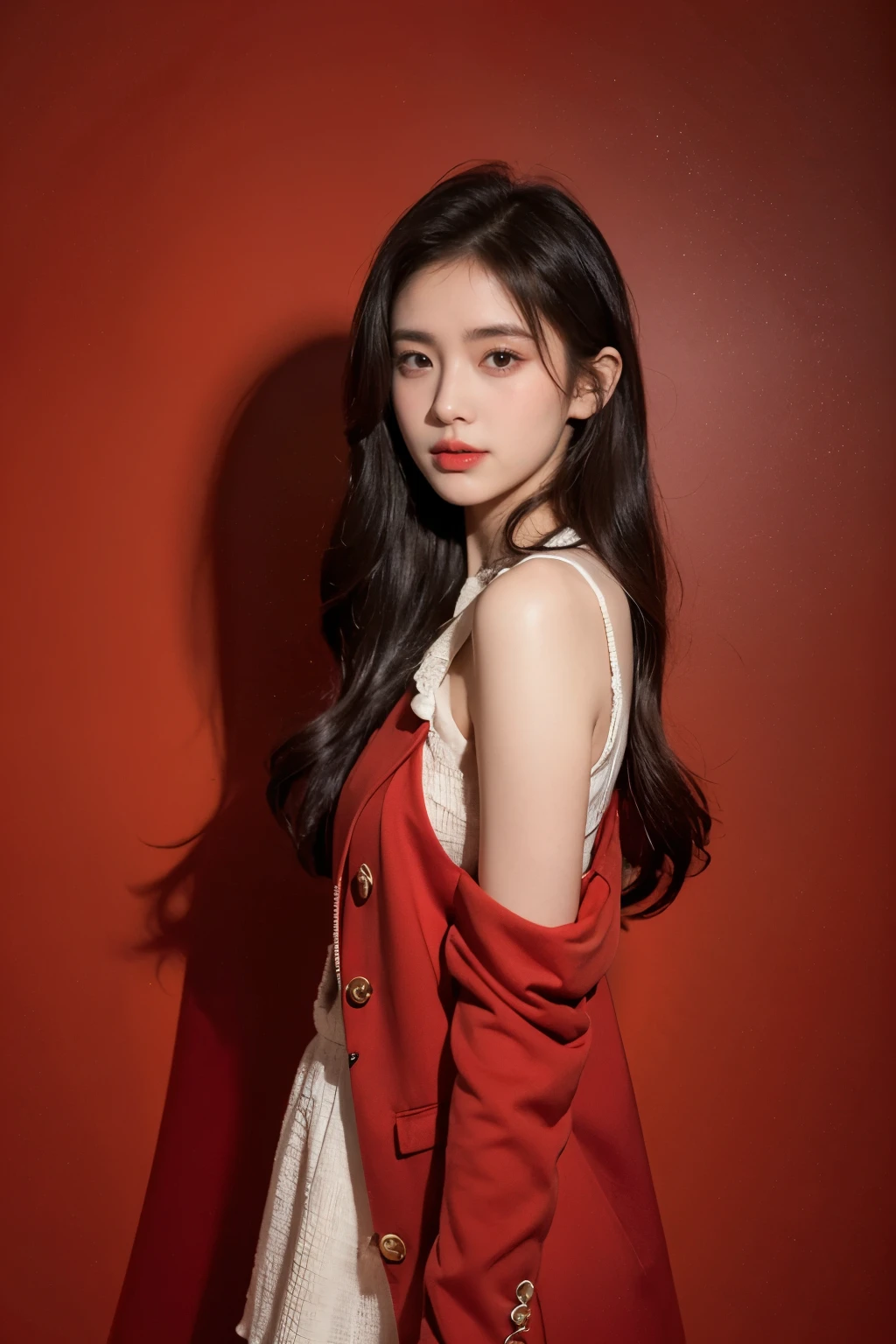 21-year-old girl, black flowing hair, standing confidently in front of a vibrant red background. She is wearing a stylish coat that accentuates her youthful charm. Her beautiful detailed eyes playfully tease, capturing a sense of mischief and allure. The image is of the best quality, with ultra-detailed features that bring out the realistic and photorealistic aspects of the artwork. The lighting is carefully crafted, highlighting her delicate features and casting soft shadows. The overall color palette is vivid and striking, enhancing the visual impact of the scene.