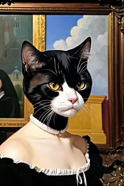 Portrait of a black cat beast girl、16th century Europe、oil