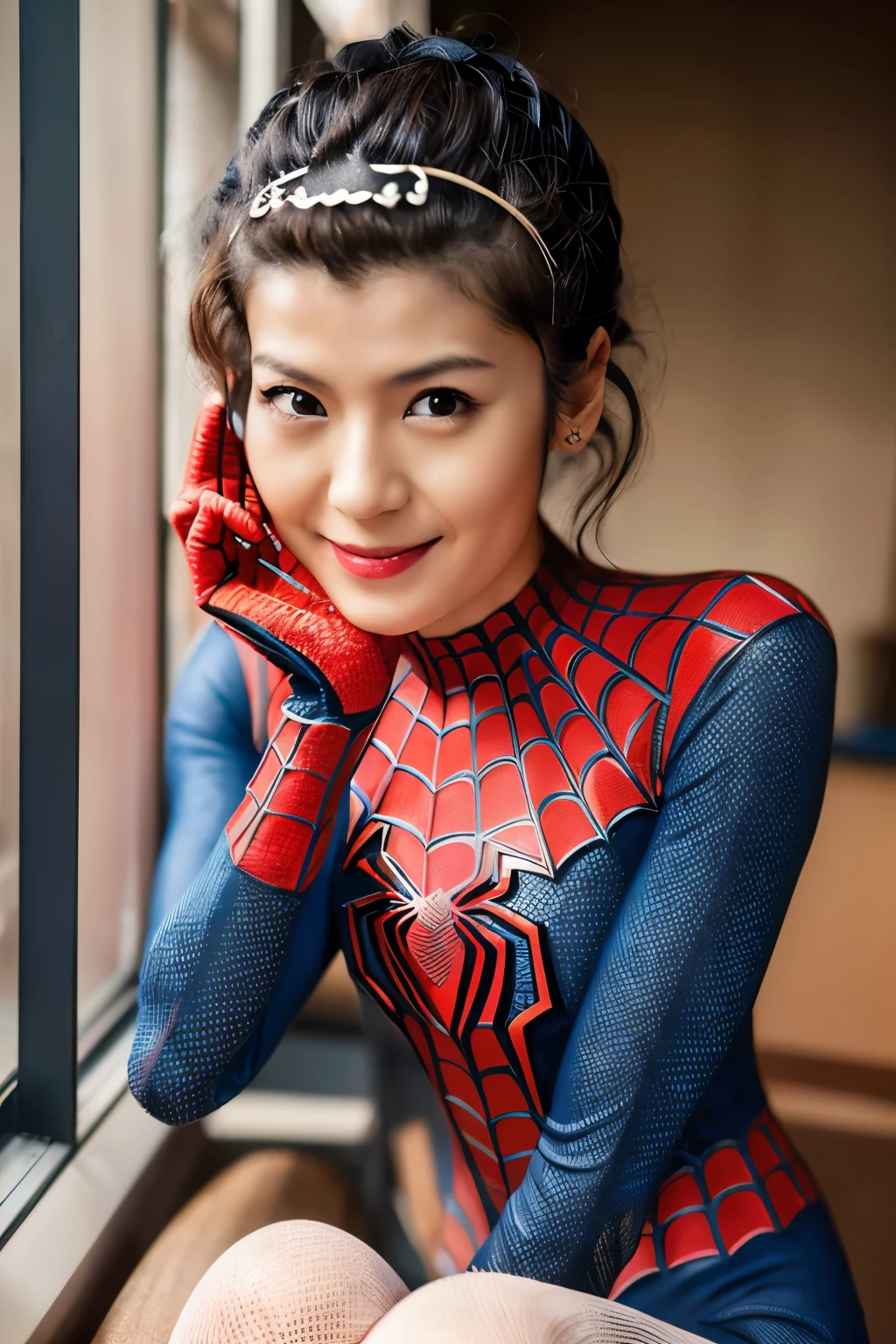 Masterpiece, high quality, high resolution, 8K, ((Skinny Japanese 30s woman in a costume of the movie spider-man)), cute face, natural makeup, detailed face, detailed eyes, a photo that feels endearing, (Full-body photo)