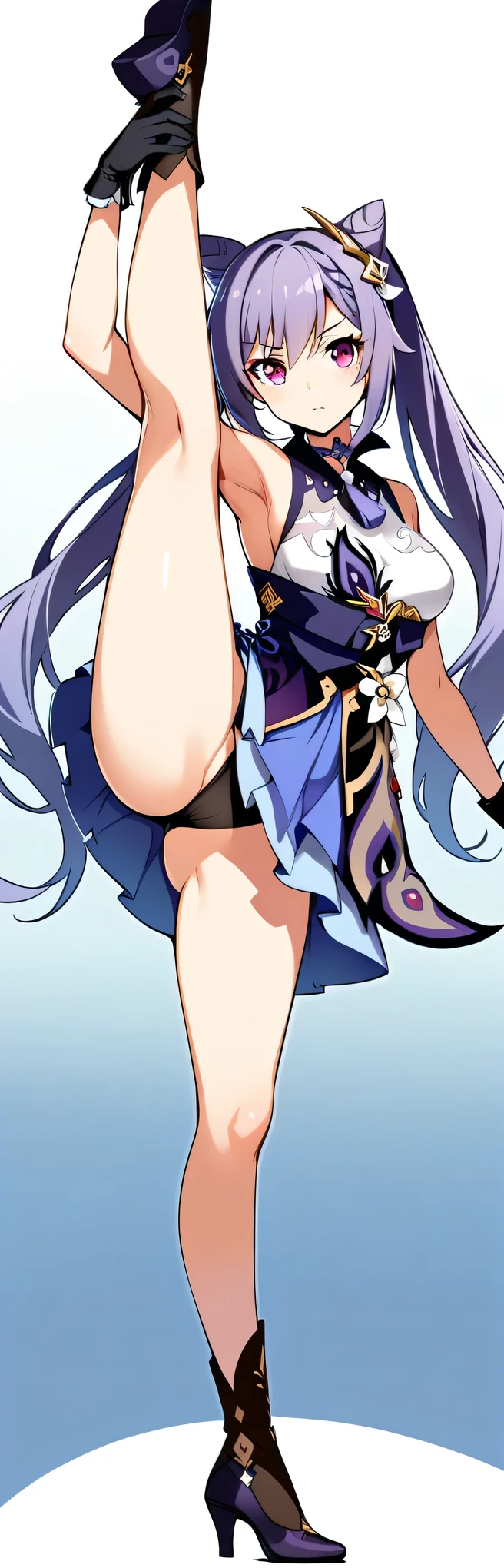masterpiece, best quality, very aesthetic, absurdres, 1girl, solo,standing_split, standing on one leg, standing split, full body, ,mid,keqing,keqing(genshin impact), purple hair,purple eyes,lozenge pupil,diamond eyerings,twintails,medium breasts,bun,bang