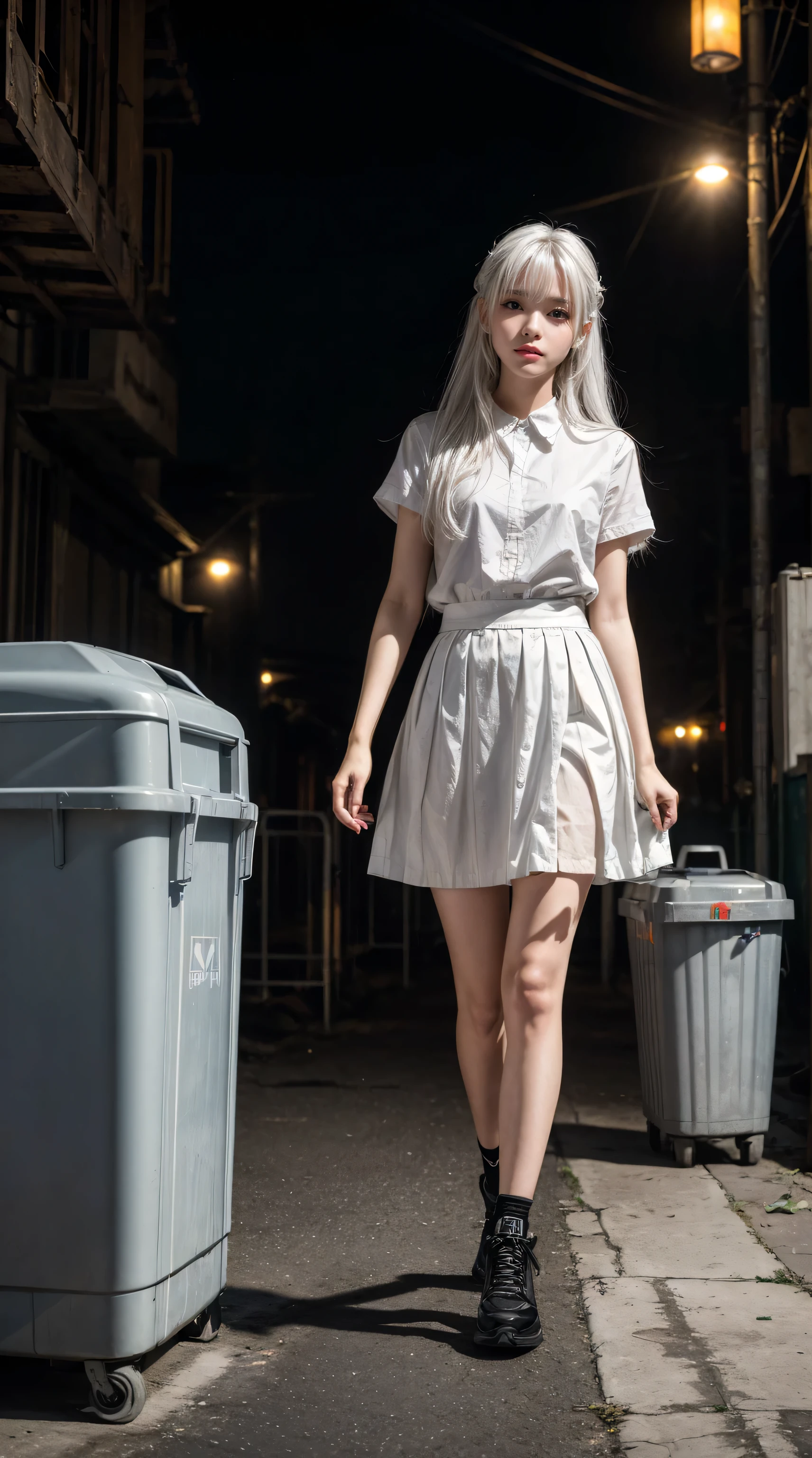 ((masterpiece, best quality)),A girl, Solitary, skirt, permanent, Halo, alley, outdoor, Bangs, white skirt, white hair, Long hair, Black footwear, Industrial pipe, Looking at the audience, Air conditioner,dark lights, Rubbish, Rubbish bin, Huaxiahua 2011