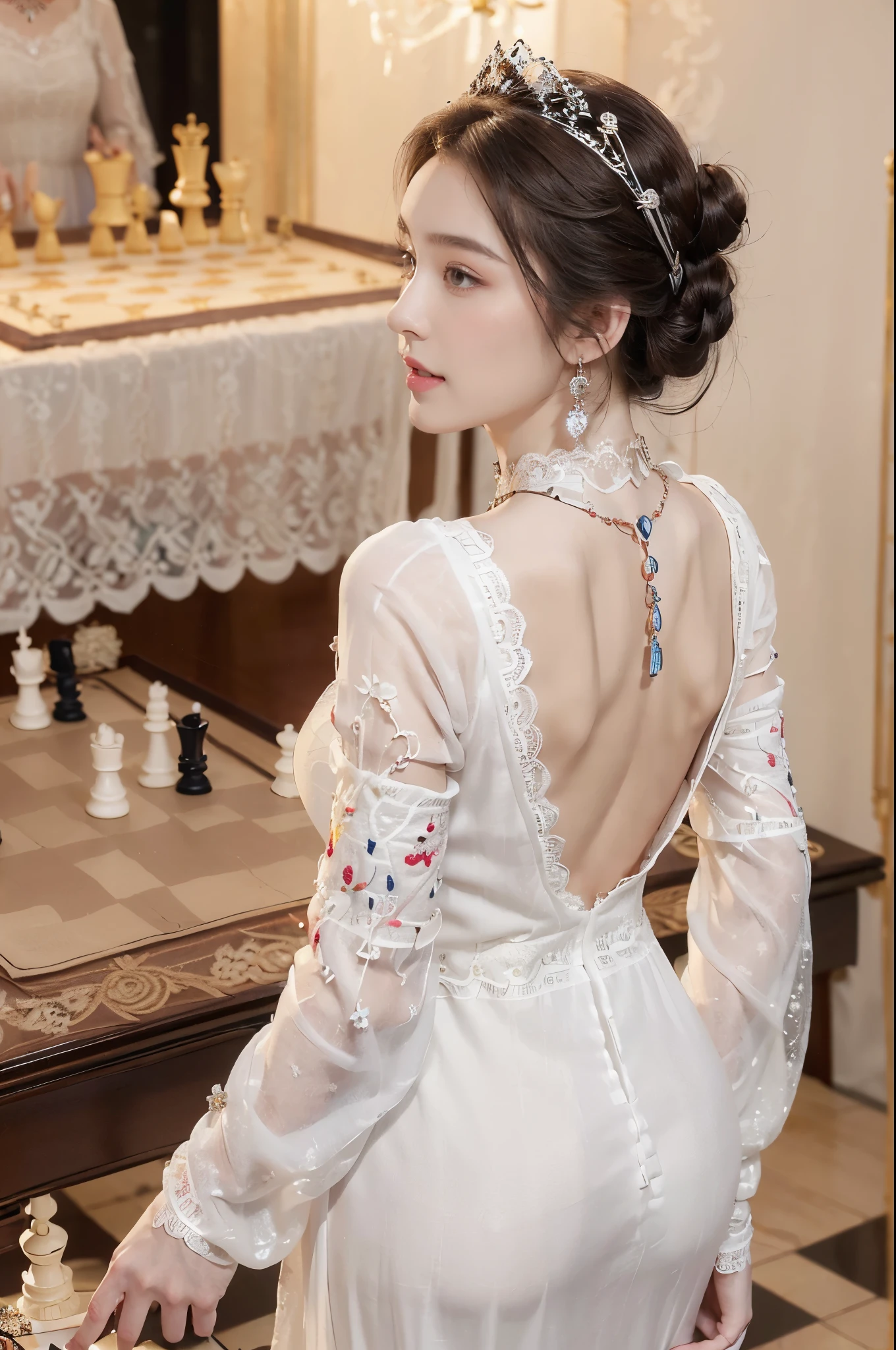 ((((8k))),((Extremely meticulous CG)) ,(wallpaper),16k,((Extremely refined and beautiful)),(((Masterpiece))),(((best qualtiy))),(((Ultra High Resolution))),beautiful light up,realistic shaded,(Smooth and flawless fair skin:1.5),(pale skin:1.3),Extremely exquisite facial details,(perfect body:1.1),(ultra-detailed:1.2),((A beautiful girl,solo)),(small head:1.2),(princess crown on head:1.2),(bun hair:1.2),(small face:1.2),(Exquisite makeup:1.2),(bare back:1.3),(towering butts:1.3),(slim,thin),(happy:1.2),(laughing:1.2),(earrings:1.2),(crystal necklace:1.3),(collar:1.3),(Maxi gorgeous Embroidered white lace dress:1.5),(sleeves:1.3),(night scene:1.5),(indoor:1.2),(In a luxurious European palace:1.5),(Beside the chess board:1.3),(detailed background:1.5),(standing:1.3),(butt crack:1.3),(upper body:1.3),(from back:1.3),