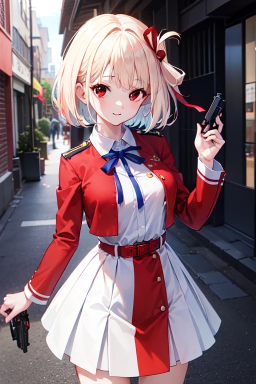 chisatonishikigi, nishikigi chisato, short hair, bangs, Blonde, (Red eyes:1.5), hair ribbon, One side up, Bobcut,smile,victory,
break shirt, Long sleeve, dress, ribbon, White shirt, Collared shirt, belt, neck ribbon, red dress, blue ribbon, pleated dress, grey dress, two-tone dress, red belt, Uniform Sake,Target, Has a pistol, Handgun, 膝を地面に着けている
break outdoors, city,alley,
break looking at viewer, (Cowboy Shot:1.5),
break (masterpiece:1.2), highest quality, High resolution, unity 8k wallpaper, (shape:0.8), (Beautiful and beautiful eyes:1.6), Highly detailed face, Perfect lighting, Highly detailed CG, (Perfect hands, Perfect Anatomy),