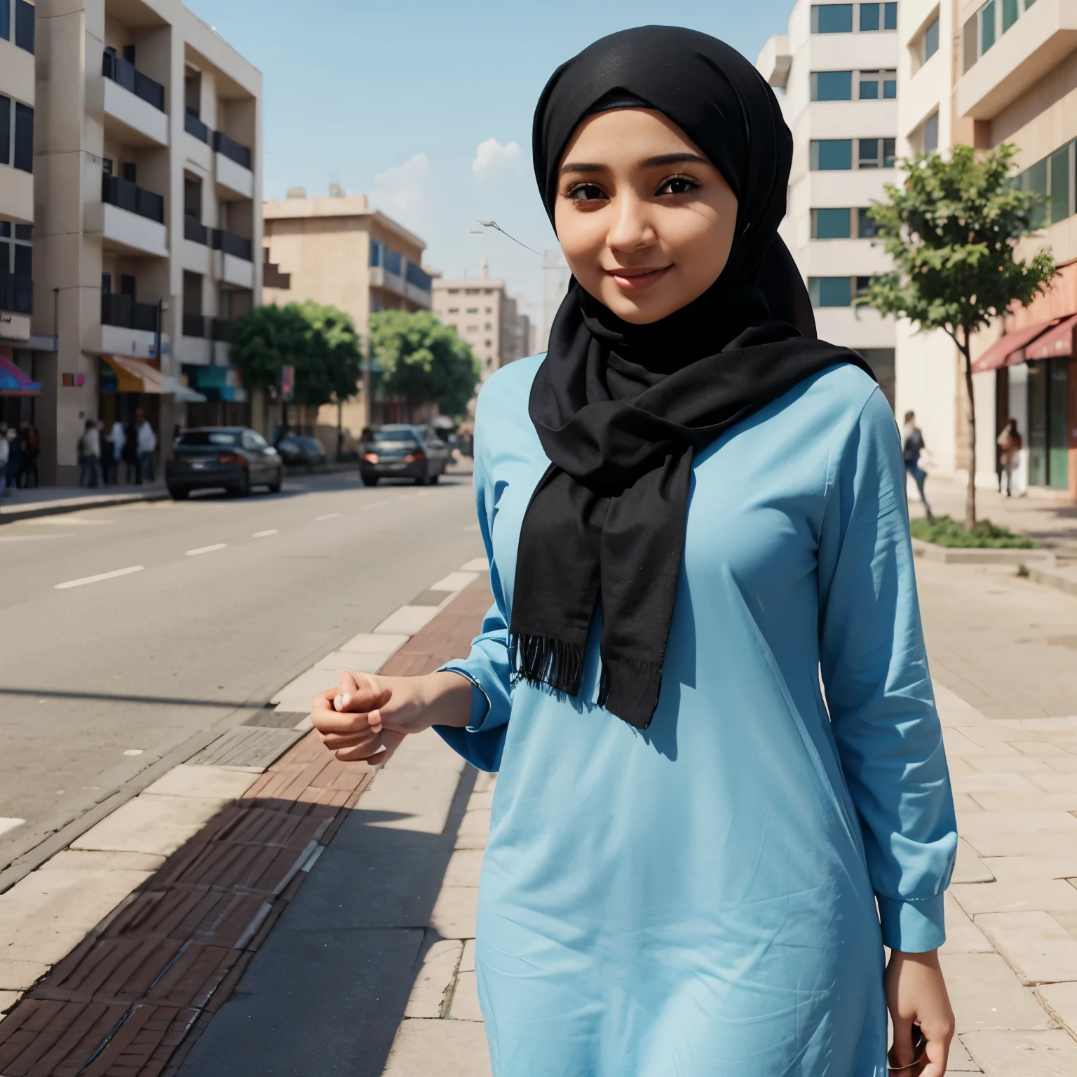 3d animation of a hijabi girl, smart, optimistic, cheerful, easygoing