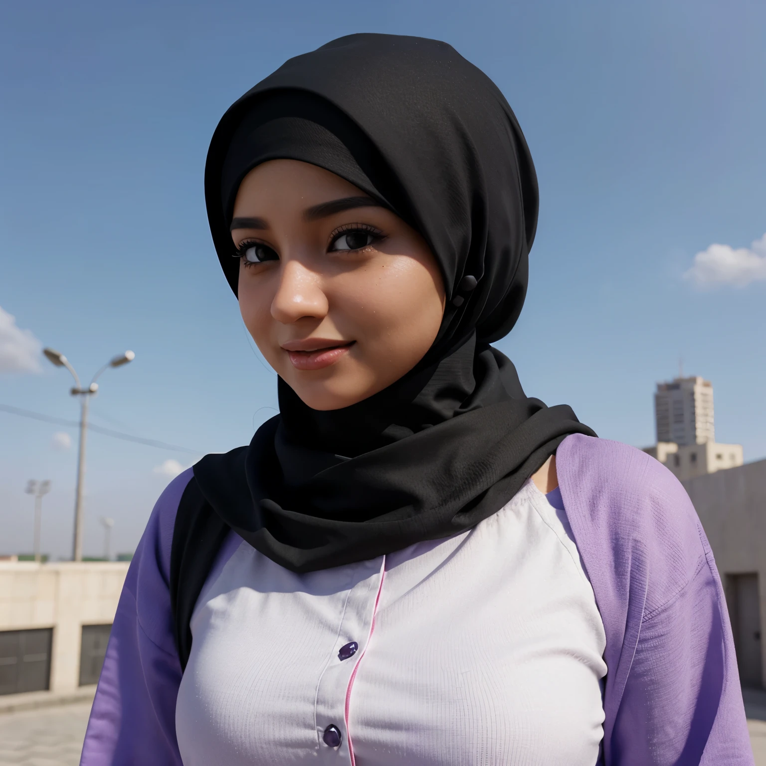 3d animation of a hijabi girl, smart, optimistic, cheerful, easygoing