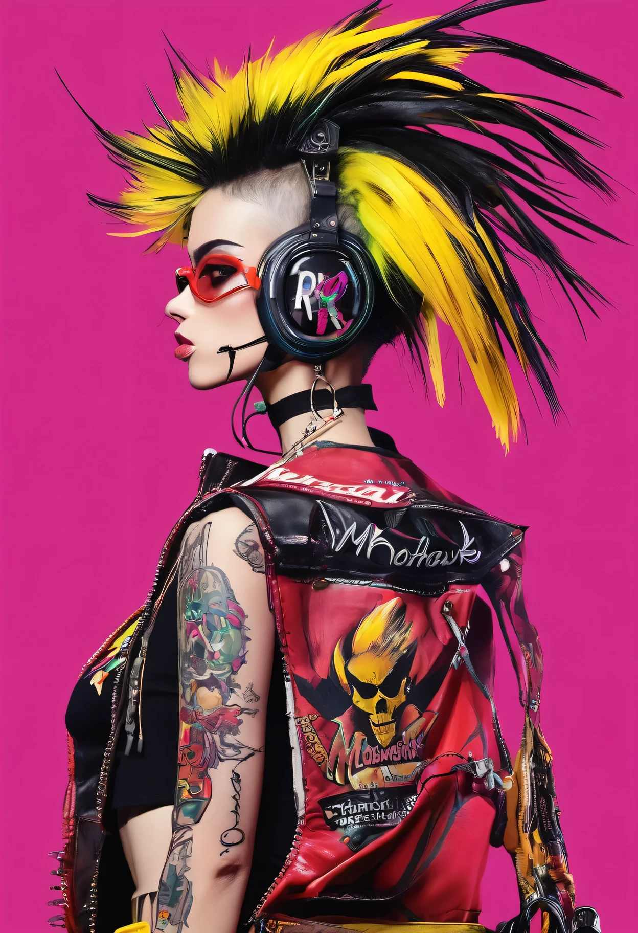 ((cuerpo entero, plano general:1.6),punk rebelled, joven punk,ropa con pinchos, ((por mohawk:1.5)), ((action pose:1.5)), revolucionario, ropa punk top pantalones de cuero, Obra maestra, High Definition, mejor imagen 4k, 8k, ojos altamente detallados y expresivos, ((colores vividos, rojo, anaranjado, amarillo, cian:1.4)), High Definition