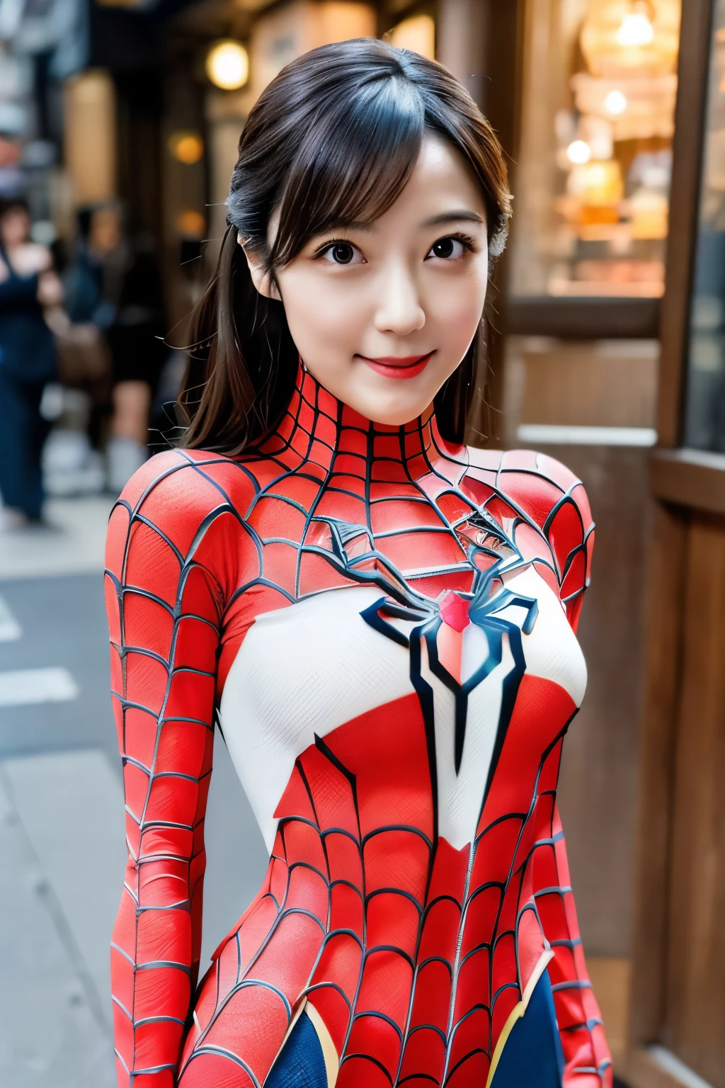 Masterpiece, high quality, high resolution, 8K, ((Skinny Japanese 30s woman in a costume of the movie spider-man)), cute face, natural makeup, detailed face, detailed eyes, a photo that feels endearing, (Full-body photo)