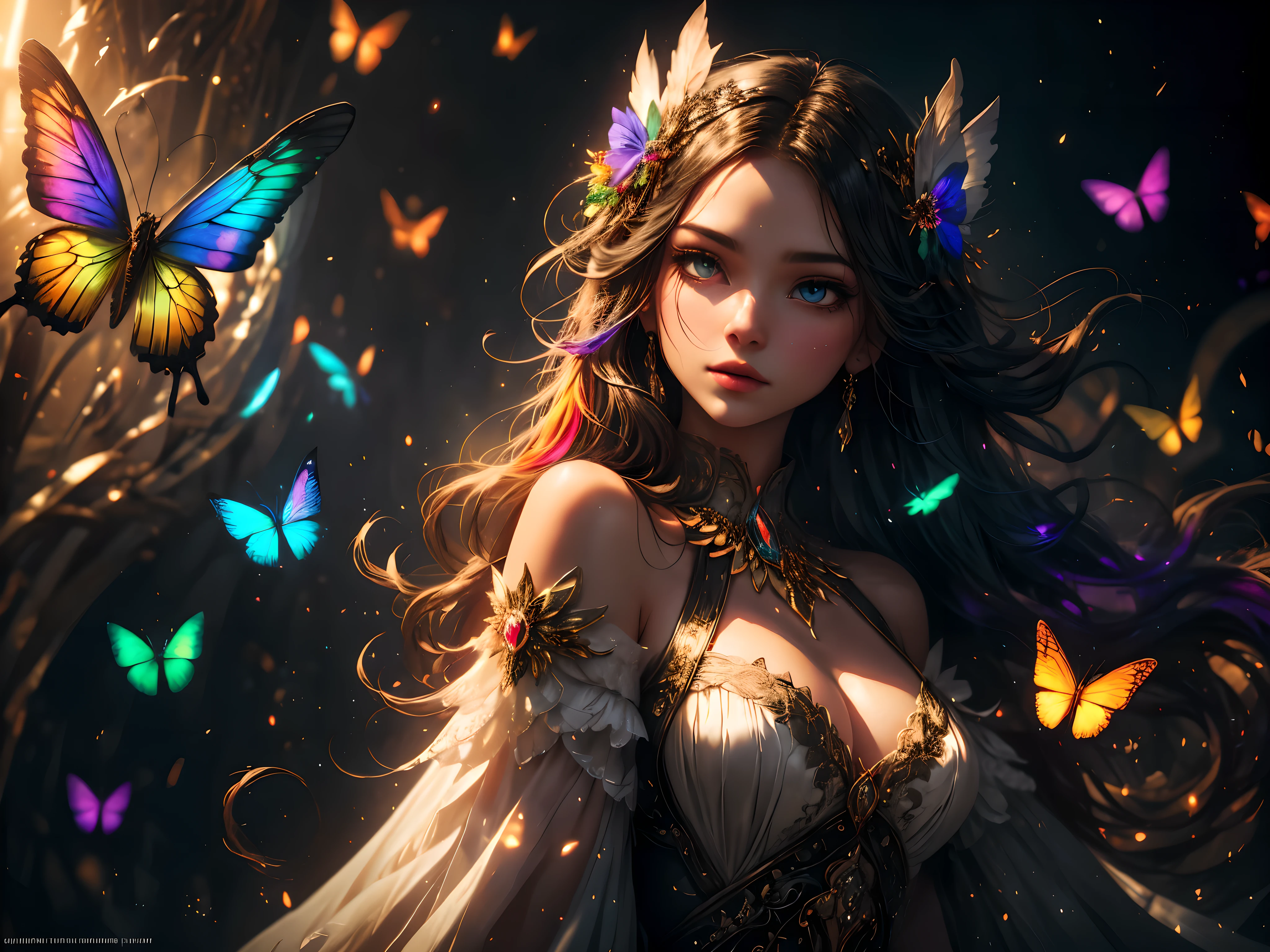 ((((Important: This image should be colorful and utilize all colors of the rainbow.)))), (((masterpiece))), (((best quality))), ((ultra-detailed)),(highly detailed CG illustration), ((an extremely delicate and beautiful)),cinematic light, Create a stunning fantasy artwork that mimics the style of currently trending masters of the genre. The art piece should contain elements of both mythic fantasy and fairytale fantasy with colorful accents. The character in the artwork is a delicate but strong figure with an aura of mystery and magic. The character should be with subtle breasts. Pay close attention to intricate facial features, such as mesmerizing eyes with vibrant colors and delicate shading. The character's clothing should be designed with gossamer feathers, silk, stunning embroidery, and subtle iridescent details. Incorporate vibrant colors, dynamic lighting, and detailed background elements to create a sense of awe and immersion. Include colorful flying magical birds and jewel-toned butterflies radiating a magical aura. Consider the latest trends in fantasy art, such as incorporating unique lighting effects, exploring dynamic and compelling composition techniques, and experimenting with unique color palettes. Take inspiration from the top artists on ArtStation and Midjourney. Camera: Choose an angle that highlights the character's beauty and enhances the magical majesty of the artwork. Lighting: Utilize atmospheric lighting techniques to create depth and mood. Resolution: Aim for a high-resolution artwork to showcase intricate details and clarity. Art Inspirations: Seek inspiration from the trending artists on ArtStation, exploring different styles, genres, and themes.