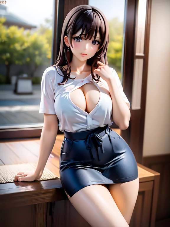A woman in her 50s wearing a blue shirt leaning against a window, Young Sensual Gravure Idol, Young and cute gravure idol, Young and skinny gravure idol, Young Gravure Idol, realistic Young Gravure Idol, Japanese Model, Posing in the bedroom, A sophisticated gravure idol, Real fleshy gravure idol, The innocent look of the girl next door, aoshima chiho