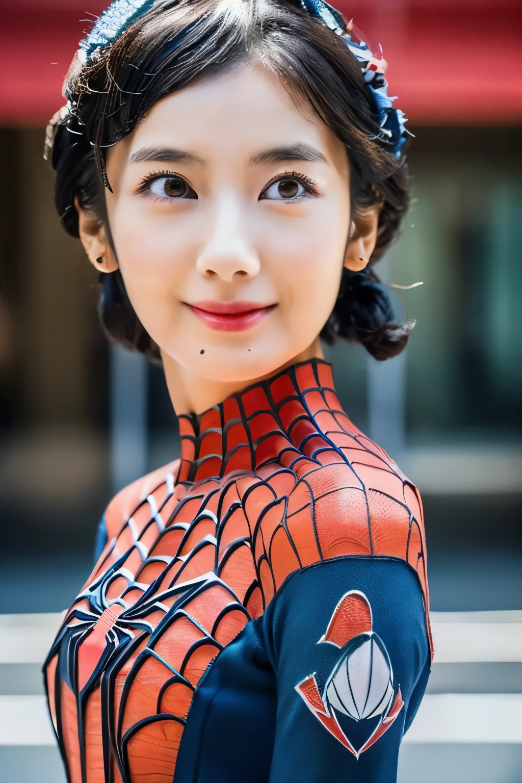 Masterpiece, high quality, high resolution, 8K, ((Skinny Japanese 30s woman in a costume of the movie spider-man)), cute face, natural makeup, detailed face, detailed eyes, a photo that feels endearing, (Full-body photo)