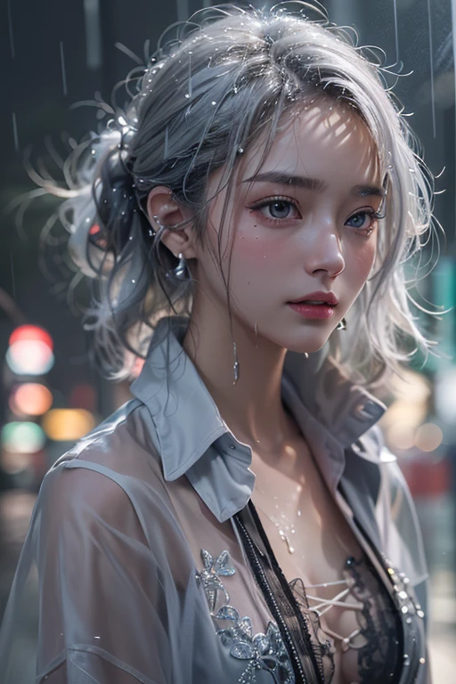 (masterpiece:1.3), (8k, Photorealistic, Raw photo, Best image quality: 1.4), Fair-skinned fairy woman、Long Haircut、Cleavage:2.0、Super detailed face、Attention to detail、age 17, double eyelid、Put your chest together、Sharp focus:1.2、Beautiful woman:1.4、Silvery white hair、highest quality、masterpiece、超A high resolution、(Photorealistic:1.4)、Highly detailed and professionally lit smile、Loose, light, Shoulder out、thin、Serious expression、Short-haired、Deadly position, gorgeous accessories, one person (RAW shooting, Photoreal:1.5, 8K, highest quality, masterpiece, ultra high resolution), perfect dynamic composition:1.2, (In front of a city building at night in a modern city, expression of sadness:0.9, Tears are flowing:0.9, cry with a broken heart:0.9), Highly detailed skin and facial textures:1.2, Slim office lady wet in the rain:1.3,  Fair skin:1.2, sexy beauty:1.1, perfect style:1.2, beautiful and aesthetic:1.1, very beautiful face:1.2, water droplets on the skin, (rain drips all over my body:1.2, wet body:1.2, wet hair:1.3), Wearing a wet white blouse correctly:1.35), (Medium chest, Bra is transparent, Chest gap), choker necklace , earrings, bracelet, wear short jeans pants,