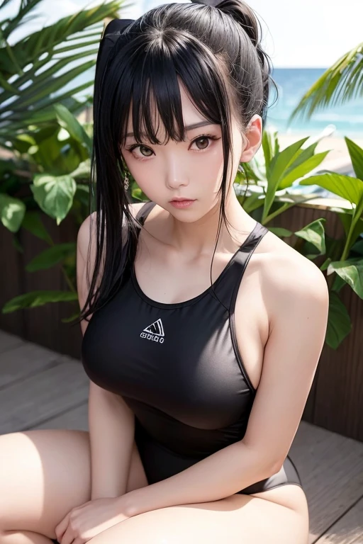 A woman wearing a black swimsuit、With a troubled look on his face、Facing the camera from the front。She is posing with her legs apart while squatting.、Showing armpits。The surrounding light reflects off the swimsuit material.、It emphasizes smooth curves。The background is bright、I imagine a pool or ocean environment.。She has a black ponytail。