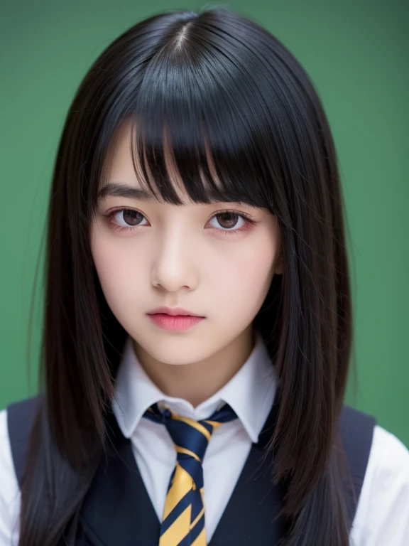 (highest quality, Tabletop:1.2), 1 girl, alone, Black Hair,Beautiful eyes in every detail,(school uniform),Upper body,bangs,ear, Yellow Eyes, Revival ribbon tie, Long Hair