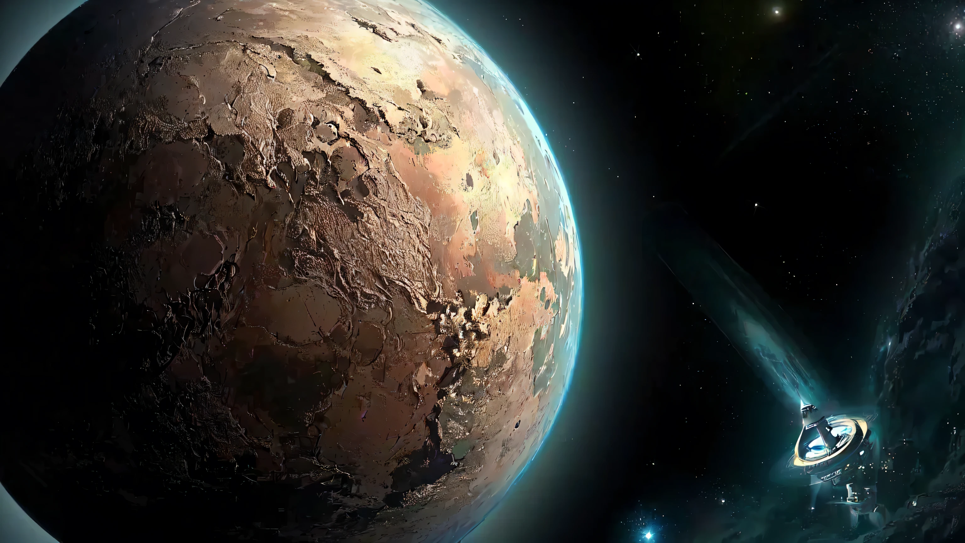 A spacecraft is approaching a planet，There is a star in the background, There are canyons on Earth，Warm climate, Space Engine, Exoplanets landscape, Exoplanets, alien surface planet, on Exoplanets, Planetary surface, an alien planet, There is a large planet in the background, Planet Landscape, planet in space, Mars Planet, Planet with rings
