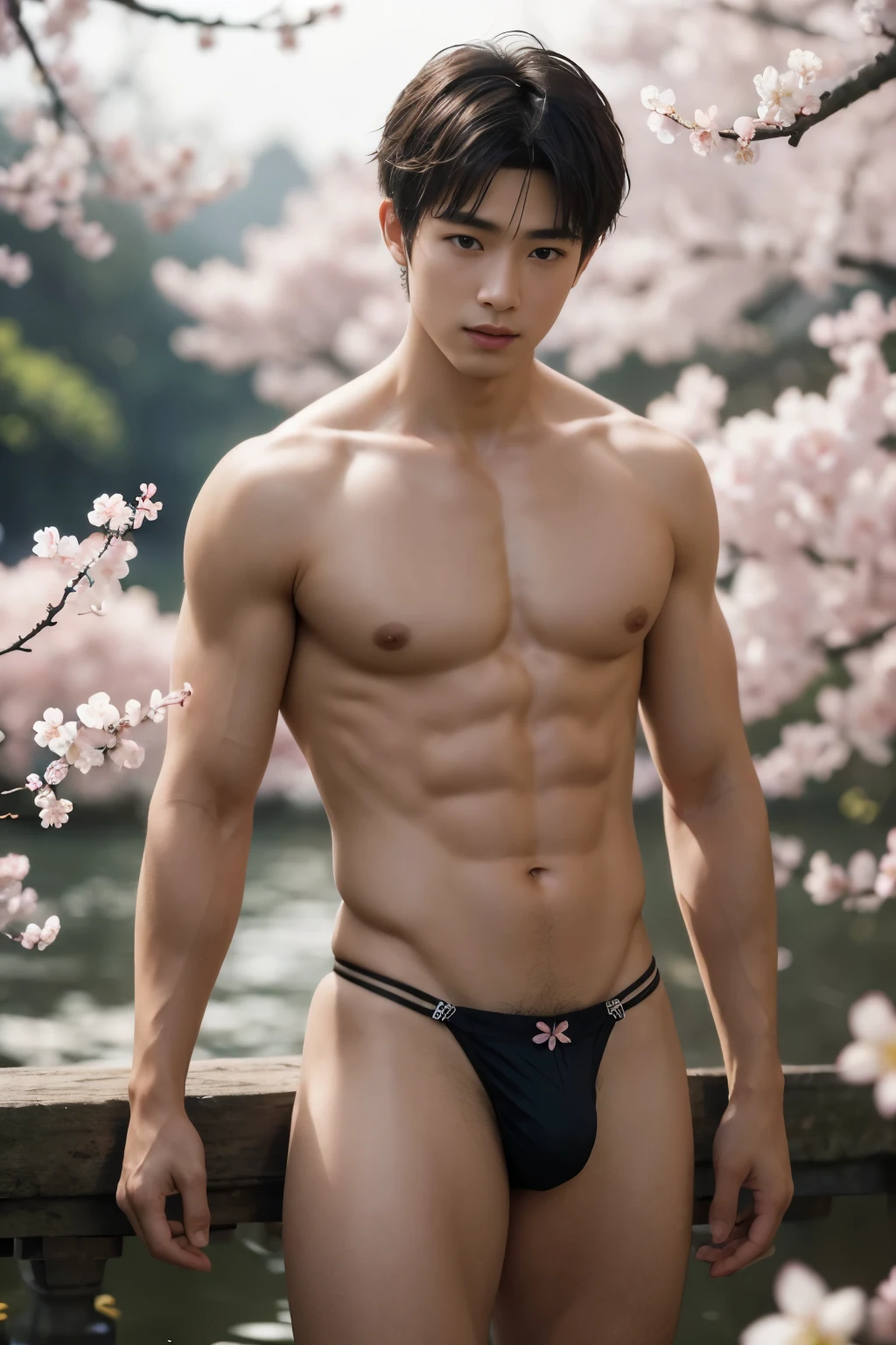 masterpiece,extremely detailed CG unity 8k wallpaper,1boy, beautiful, realistic, blurry, blurry_background, blurry_foreground, branch, brown hair, plum blossom, depth_of_field, flower, nose, realistic, solo,chinese, completely naked,wearing only black micro thong,