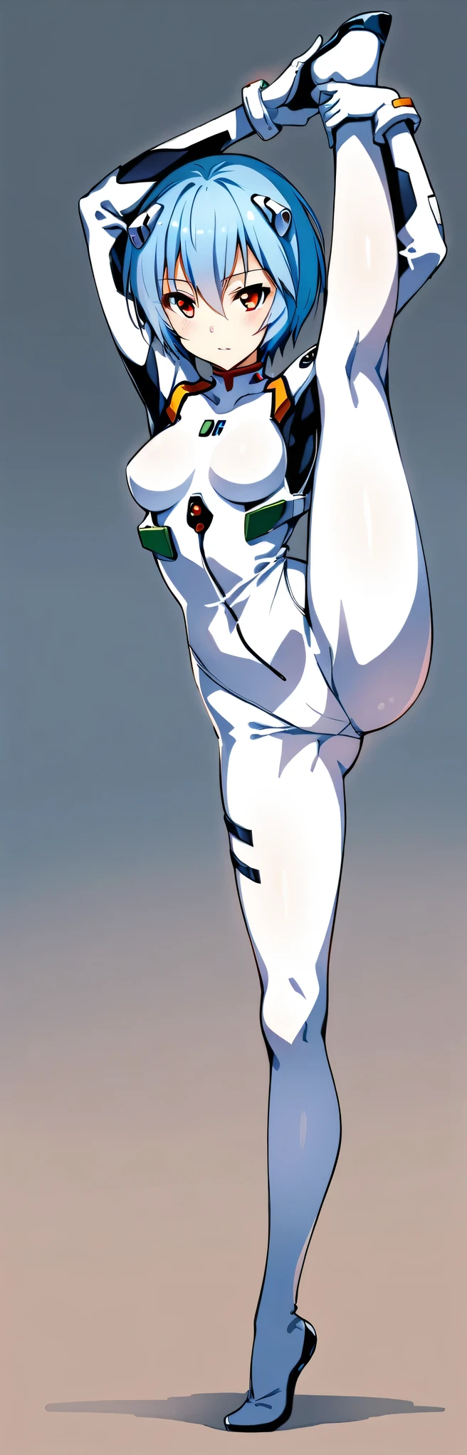 masterpiece, best quality, very aesthetic, absurdres, 1girl, solo,standing_split, standing on one leg, standing split, full body, ,mid,Ayanami Rei,white bodysuit,red eyes,pilot suit,short hair,blue hair,bangs,interface headset,turtleneck,hair between eyes