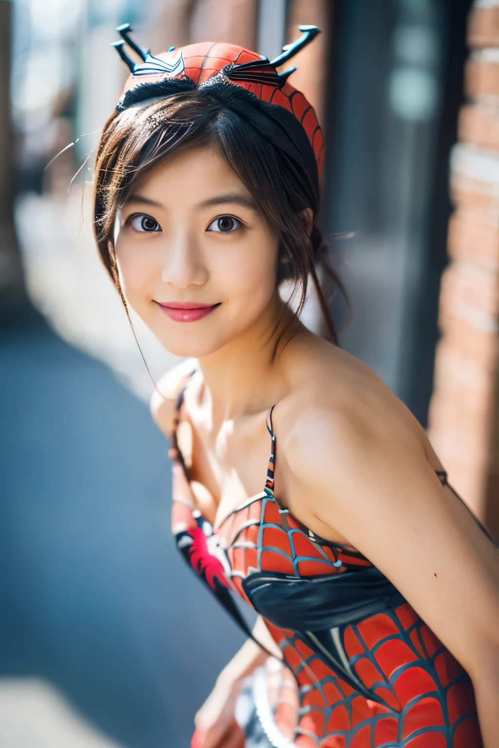 Masterpiece, high quality, high resolution, 8K, ((Skinny Japanese 30s woman in a costume of the movie spider-man)), cute face, natural makeup, detailed face, detailed eyes, a photo that feels endearing, (Full-body photo)