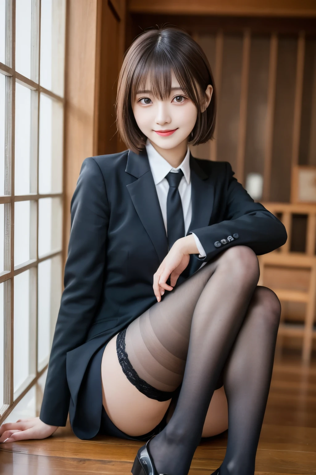 Arafed asian woman in a suit and tie sitting on a floor - SeaArt AI