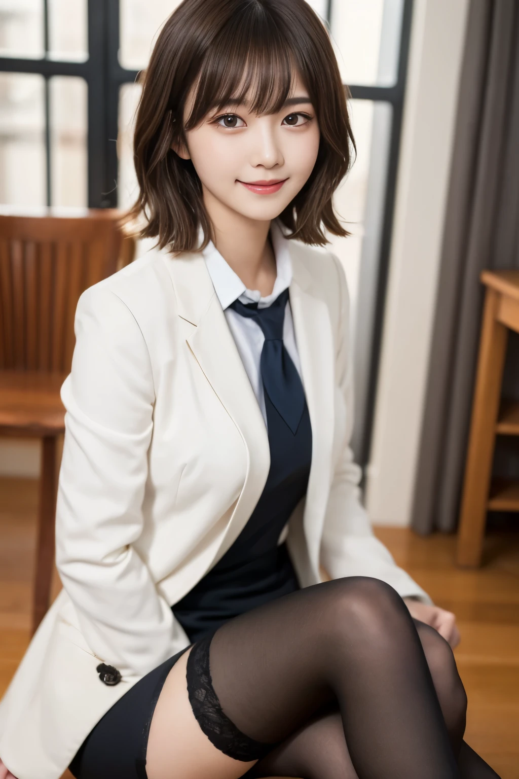 Tabletop, highest quality, shape, Very detailed, finely, High resolution, 8k wallpaper,short hair、 完璧なダイナミックな構shape, Beautiful and beautiful eyes, suit,Natural color lip, smile、18-year-old girl,When wearing black tights or stockings、Plump thighs、Shortcuts