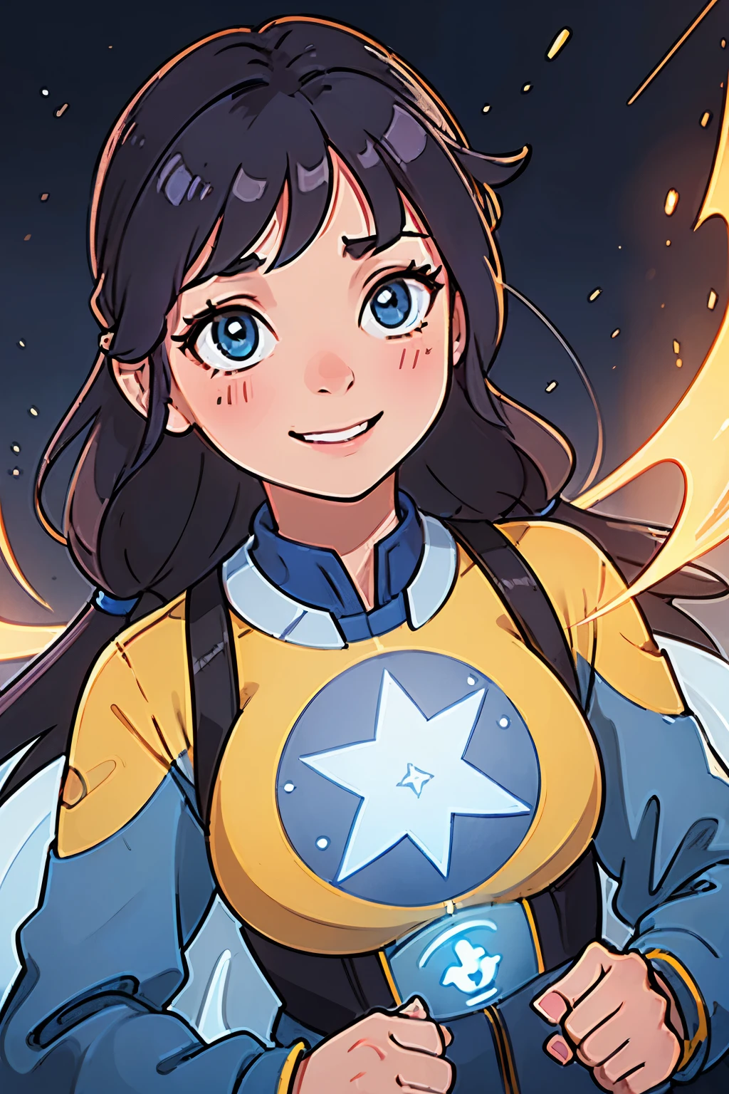 1 girl, wearing blue superhero suit with yellow lining, cute, hair behind ear, long hair, brown hair, hairpin, scar on cheek, sparkling eyes, blush, smile, messy hair, glowing light, cinematic lighting, ray tracing, reflection light, depth of field, high quality, super detail, anatomically correct, best quality, highres