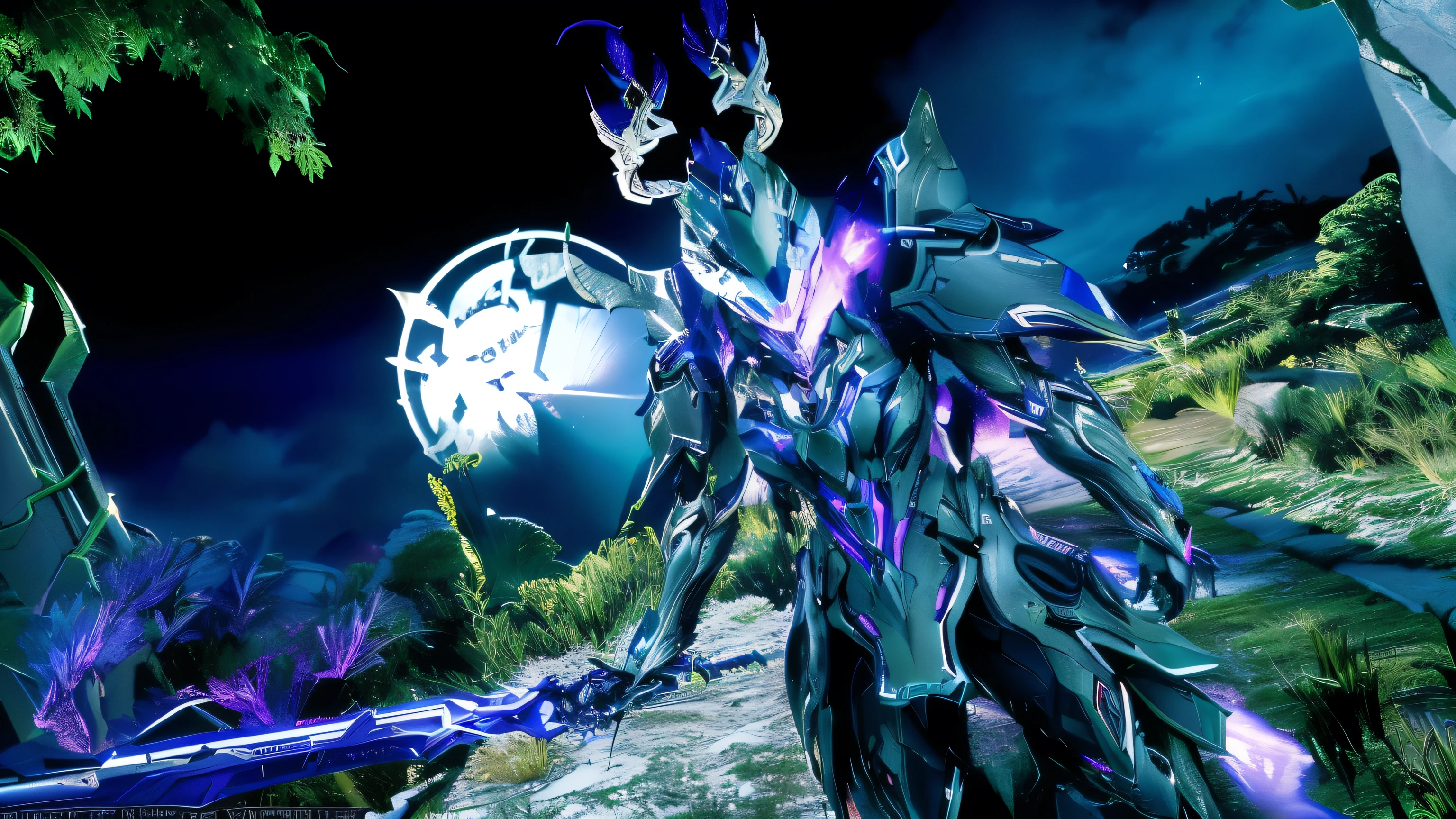 a close up of a person in a costume standing in a field, detailed warframe, of a beautiful saryn warframe, warframe armor, sliver ice color reflected armor, warframe, warframe hound, chaos nightmare ❄️ amour venom, warframe armor!!, warframe infested art, of a beautiful female warframe, purple ancient antler deity, 8k, Ultrarealistic