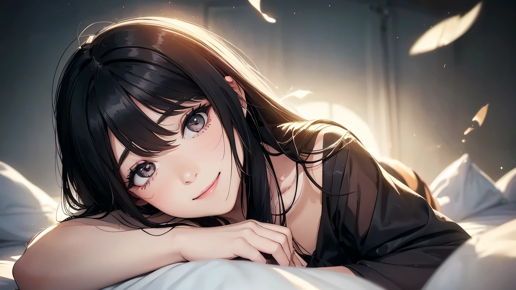 ((singing lullaby))((one woman))((woman peeking from above)), (smiling) long black hair, cool woman, singing lullaby, looking into camera from heaven down from woman, woman's face on knees, soft smile, backlight, hair hanging over ears with fingers
