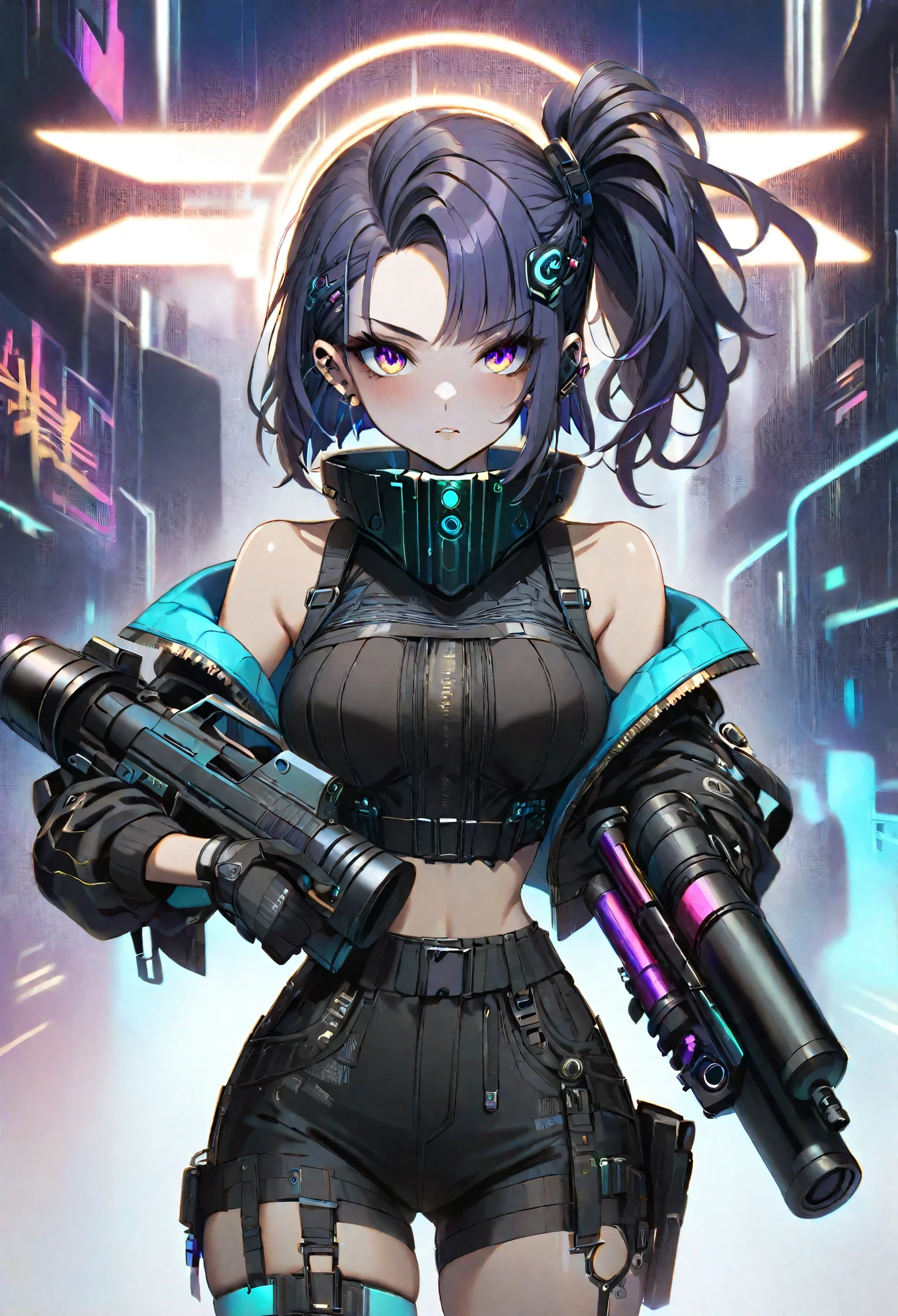 One girl、Neon Art、cyber punk、arms、Pistol、Rocket Launcher