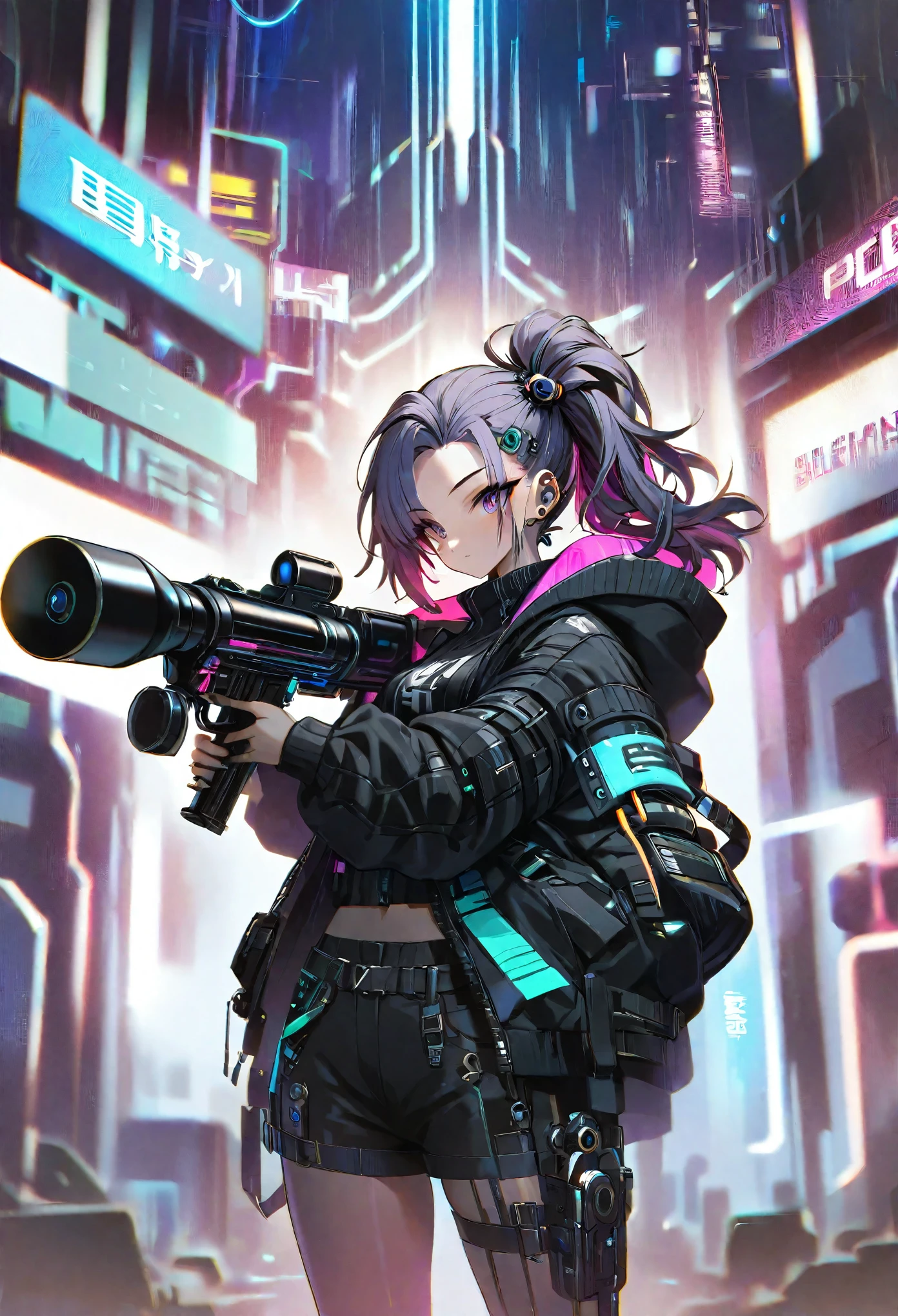 One girl、Neon Art、cyber punk、arms、Pistol、Rocket Launcher