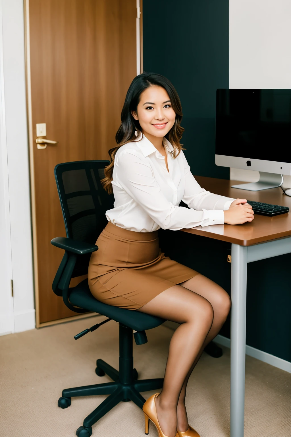 1 women sitting at a desk,high heels, full body on camerai the other woman wearing tan color pencil skirt, tan pantyhose. ages 30s.