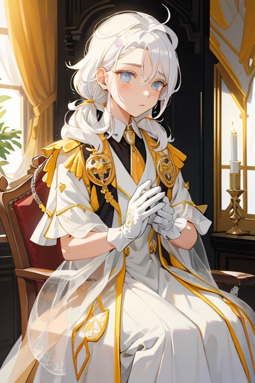 prinz,children's,1boys,Yellow decoration,citrine,Pedras preciosas,starlights,Depicts delicate eyes,Opal eyes,Depict delicate facial features,White uniform,Maximalism,Sophisticated design,White gloves,goth style,Priesthood dress,ribbon,White color hair,extreme hight detail,Delicate depiction,Orange eyes,Except for yellow,All colors are low-saturation,Only yellow is the most conspicuous,royal house,ellegance,glorious,royal robe