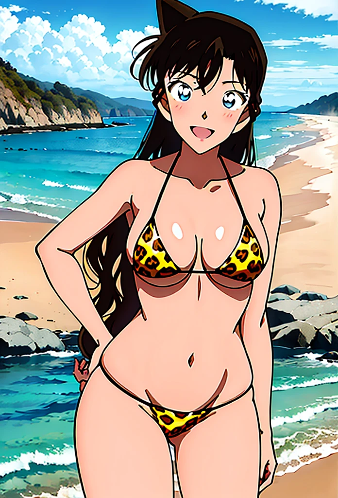 (masterpiece, 4K, highest quality, anime style: 1.9, Detailed face, Lovely, Ocean,Bold Line, High resolution, anime, Lake 4. alone, Curvaceous, Thighs, Cleavage, Medium Chest, smile, Please open your mouth wide, Very slim belly, Cowboy Shot,Leopard print bikini,1 girl、Mori Ran,(Black Hair, Long Hair, Wavy Hair)