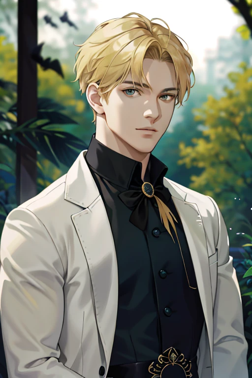 (absurd, highres, ultra detailed), 1 male, solo, young, high muscular face, broad shoulders, handsome, angular jaw, thick neck, BREAK, looking at the viewer, short blonde hair, amber eyes, long sleeves, nevaa forest, natural light and shadow, depth of field, upper body, crow over shoulder, stylish clothes, black gloves, front