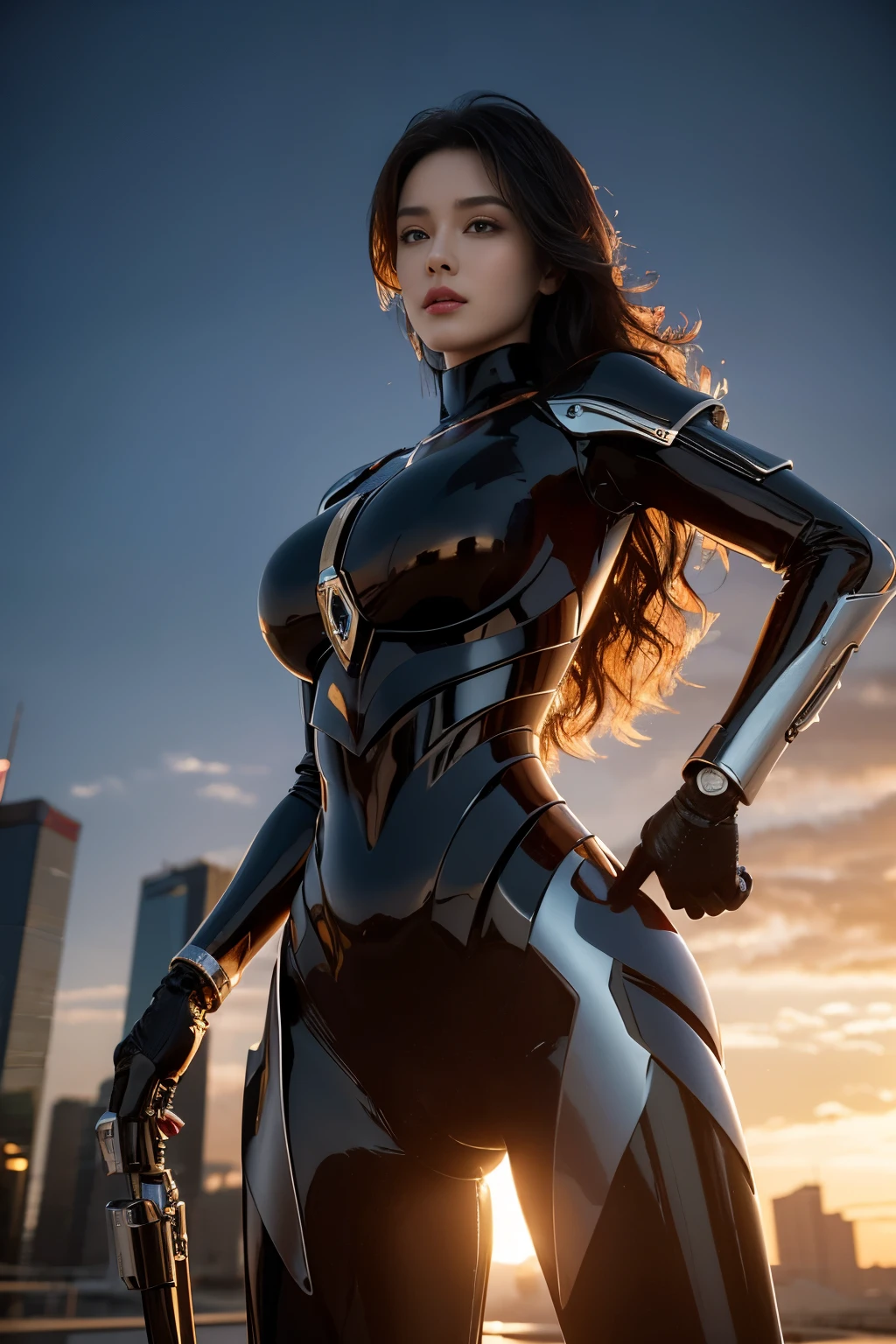 Ultra-realistic 8k CG, (futurist:, perfect artwork, masterpiece, cidade futurist, era futurist, mechanical, fantasy), (((detailed background))) sexy 20 year old muscular model woman , unbelievably beautiful, whole body , looking at camera, Shiny wavy black hair, Portrait 50mm, Glamour, smooth curve, huge ass, wide hips, Fleshy, moist lips, perfect cybernetic body, perfect abs, 3D, surreal, sun