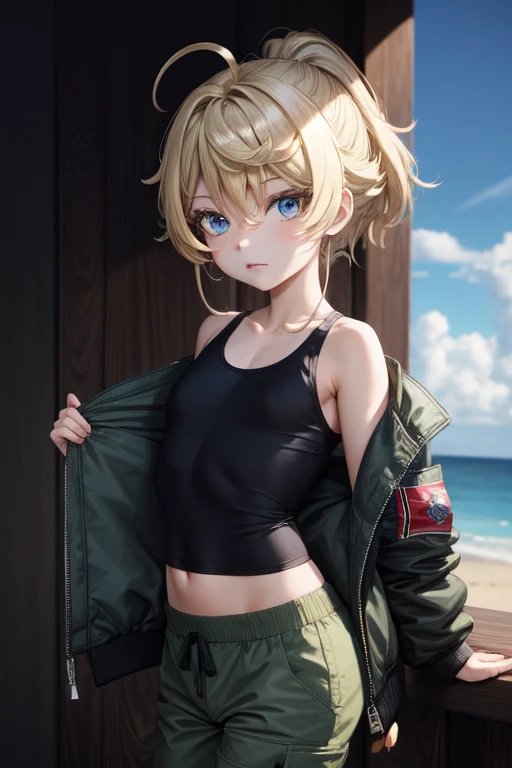 AS-Younger, masterpiece, highest quality, One girl, Tanya Short Hair, ponytail, Bomber jacket, Cowboy Shot, Tank top, pants,Shaved,naked,Micro Bikini,