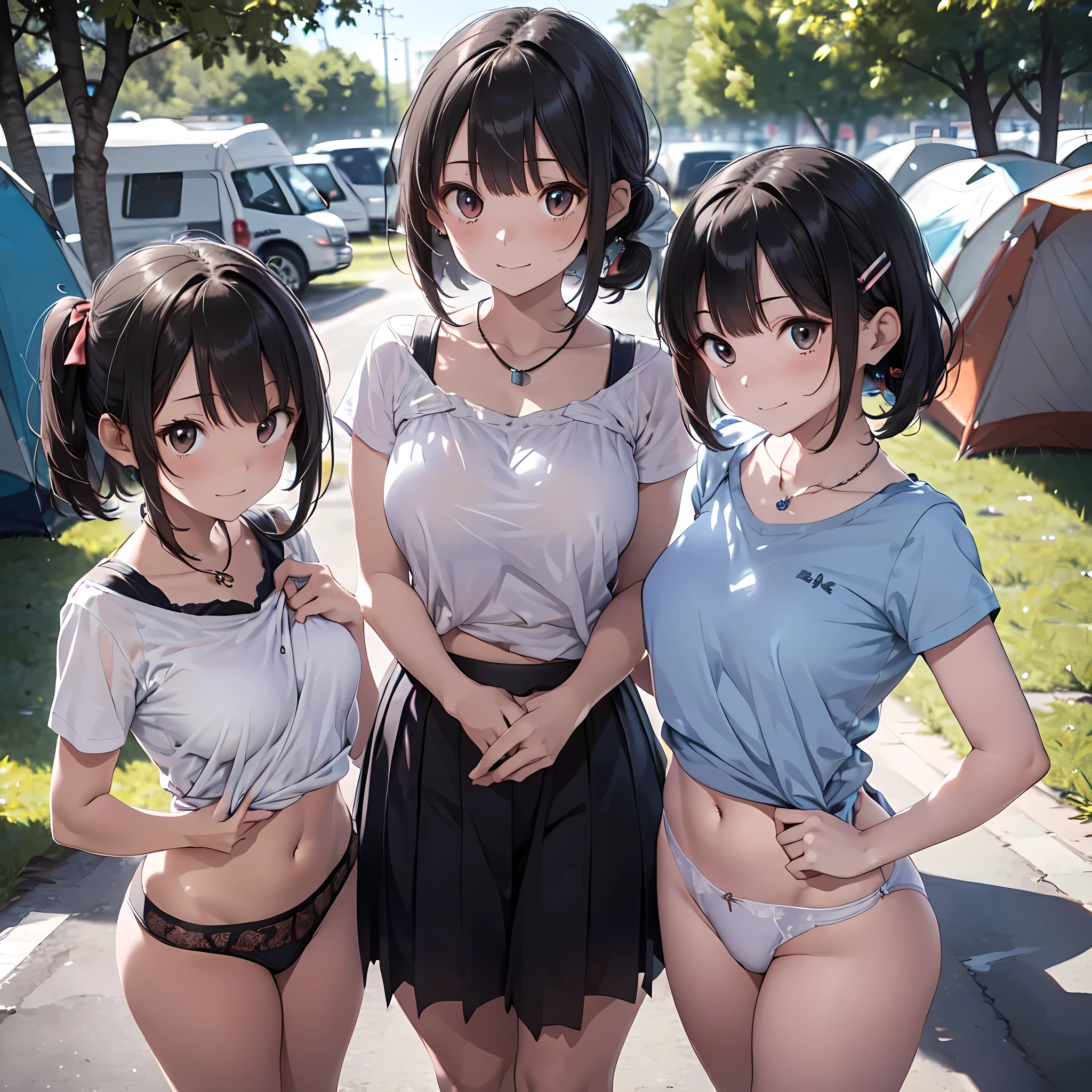 (masterpiece, best quality, ultra quality, high quality, hyper detailed, intricate detailed, perfect anatomy, shiny skin, cowboy shot,), (3women are posing for a camera), (At a large campsite), (Lift up your camisole),  (slender:1.2), (smile:1.2、happy、fun), brown hair, blond hair, silver hair, navel, jewelry, looking at viewer, necklace, long hair, short hair, Abdominal muscles, Thong,straight hair, bob cut, blunt bangs, silky hair, (jet black hair or brown hair), hair clip, hair band, hair ribbon, one-length haircut, ducktail, outward curled hair, French twist hair, twintails, side ponytail, single braid, wavy hair, 