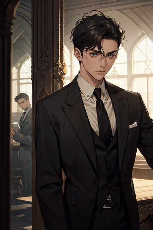 ((One young man with a black suit and tie)), alejandro, (((one side swept dark short neat hair))), ( green eyes and thick eyebrows), ((20 years old)), ((masterpiece)), ((cinematic lighting)), relax look and smirk, waiting for someone